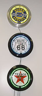 Neon vintage clocks at the Springfield Royal Diner Gift Shop